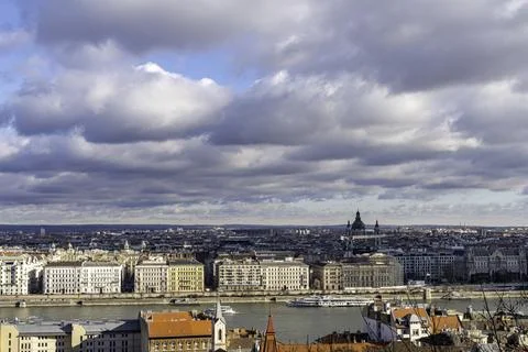 Panoramic view of Budapest cityscape under a dramatic cloudy sky Stock Photos
