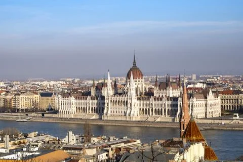 Panoramic view of Budapest, Danube river with Hungarian Parliament Building Stock Photos