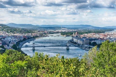 Panoramic View of Budapest Danube River and Bridges 스톡 사진