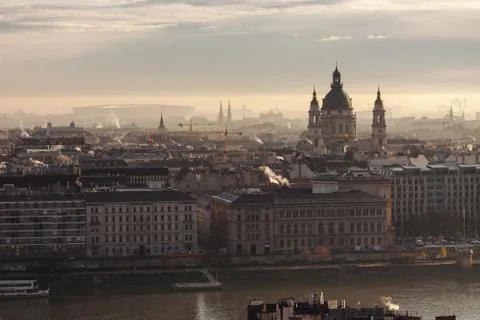 Panoramic view of Budapest in the fall. Danube Embankment and St. Stephen's Stock Photos