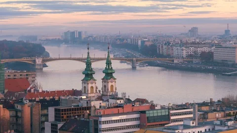 Panoramic view of Budapest in the fall. Margit Bridge at Dawn Stock Footage 121057936