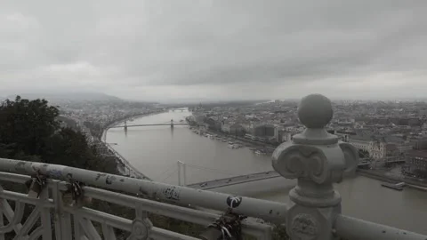 Panoramic view of Budapest from Gellert hill in cloudy weather Stock Footage 166090557