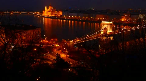 Panoramic view of Budapest at night Stock Footage 52222009