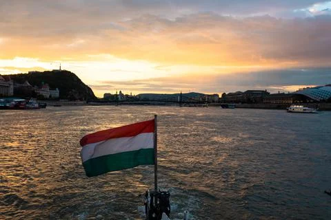 Panoramic view of Budapest from the river at sunset Stock Photos
