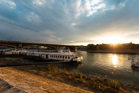 Panoramic view of Budapest from the river at sunset Stock Photos