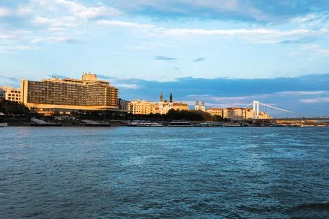 Panoramic view of Budapest from the river at sunset Stock Photos