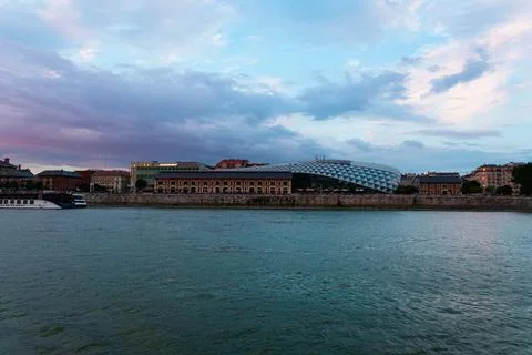 Panoramic view of Budapest from the river at sunset Stock Photos