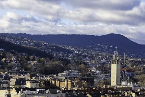 Panoramic view of Budapest under a dramatic cloudy sky Stock Photos