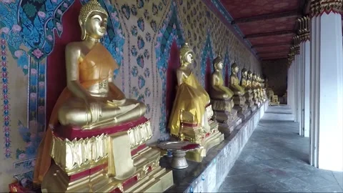 Panoramic View, Buddha Statues in a Cloister, Wat Arun Temple, Bangkok, Thailand Stock Footage 290790877