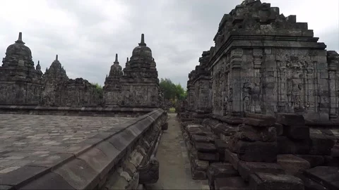 Panoramic View, Buddhist Stupas, Sewu Temple Compound, Java, Indonesia Stock Footage 310619038