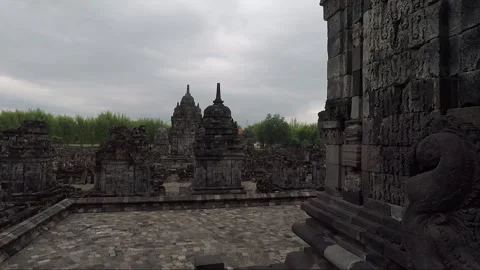 Panoramic View, Buddhist Stupas, Sewu Temple Compound, Java, Indonesia Stock Footage 312009614