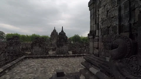 Panoramic View, Buddhist Stupas, Sewu Temple Compound, Java, Indonesia Stock Footage 312009696