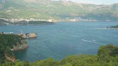 Panoramic view of Budva Old Town, Budva Bay and Adriatic coast in Montenegr.. Stock Footage 341868575