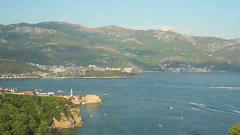 Panoramic view of Budva Old Town and busy Budva Bay in Montenegro during wa.. Stock Footage 341870095