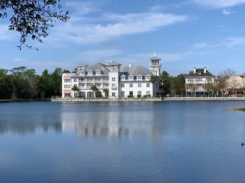 Panoramic view of the building by the lake Stock Photos