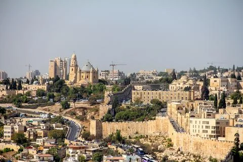 Panoramic view of buildings in Jerusalem against clear blue sky, Israel Stock Photos