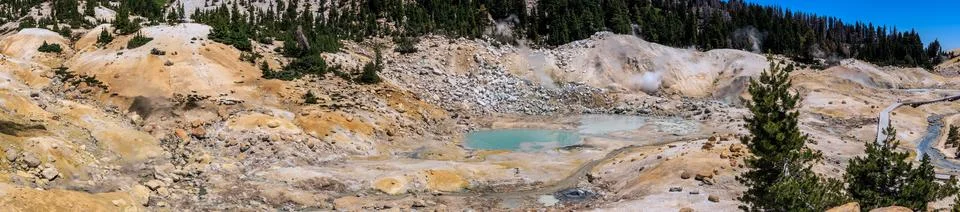 Panoramic View of Bumpass Hell Geothermal Area at Lassen Volcanic National Pa Stock Photos