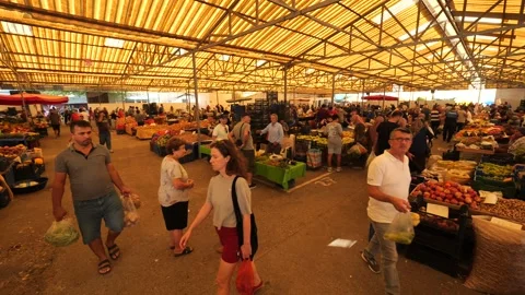 Panoramic View of Busy Friday Farmers Market in Gazipasa, Turkey, Locals Stock Footage 294744921