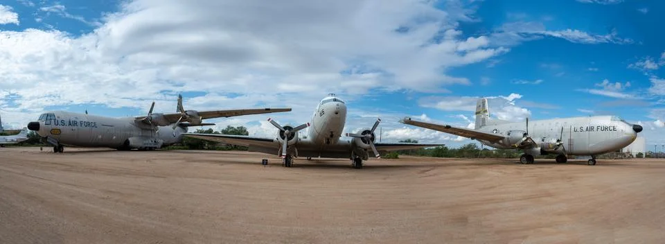 A panoramic view of a C-47, a C-133 and a C-124 Stock Photos