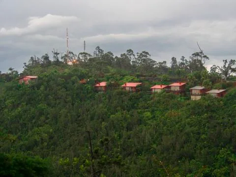 Panoramic view of cabins within the mountains and trees of the Sierra Maestra Stock Photos