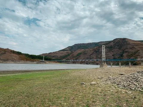 Panoramic view of cable bridge leading to the Lisitsite village, Bulgaria Stock Photos
