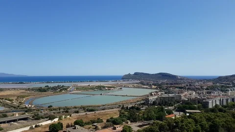 Panoramic view of Cagliari and salt marshes from Monte Urpinu Stock Footage 92297456