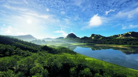 Panoramic view of calm blue lake and green hills under sunny summer sky Stock Footage 338201008