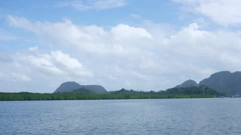 Panoramic View of Calm Blue Sea Ocean with Tropical Mountain Island in Krabi Stock-Footage 341894633