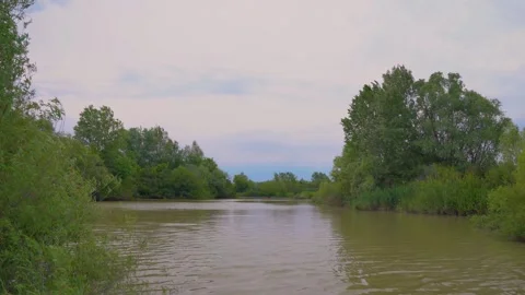 Panoramic view of a calm lake surrounded by lush green trees in spring. Stock Footage 345132708