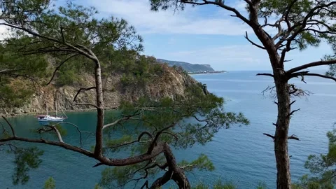 Panoramic view of the calm Mediterranean Sea near Camyuva, Kemer, Turkey. 4k Video stock 342011895