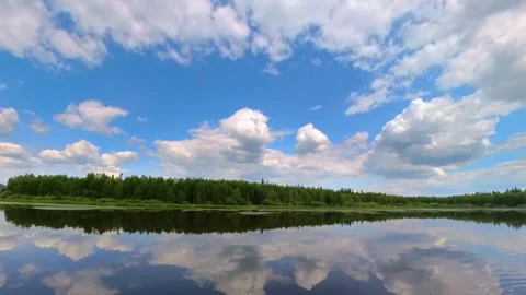 Panoramic View of a Calm River or Lake in the Southern Urals, Russia, on a Sunny Stock Footage 325349822
