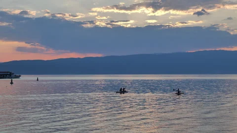Panoramic view of the calm waters of Lake Ohrid Stock Footage 345262696
