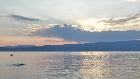 Panoramic view of the calm waters of Lake Ohrid Stock Footage 345263401