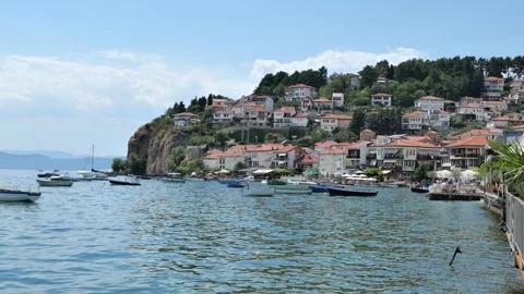 Panoramic view of the calm waters of Lake Ohrid Stock Footage 345264073