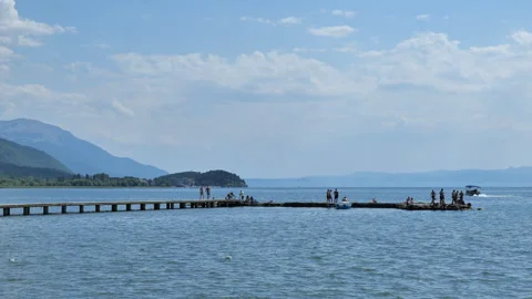 Panoramic view of the calm waters of Lake Ohrid Stock Footage 345264094