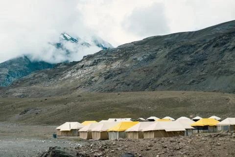 Panoramic view of the campground in the Himalayas Stock Photos