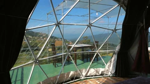 Panoramic view from camping tent dome with transparent walls Stock Footage 255024019