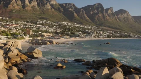 Panoramic view of Camps Bay beach and Twelve Apostles, Cape Town Stock Footage 324642434