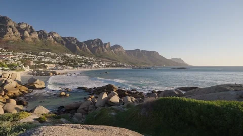 Panoramic view of Camps Bay beach and Twelve Apostles, Cape Town Stock Footage 324642886