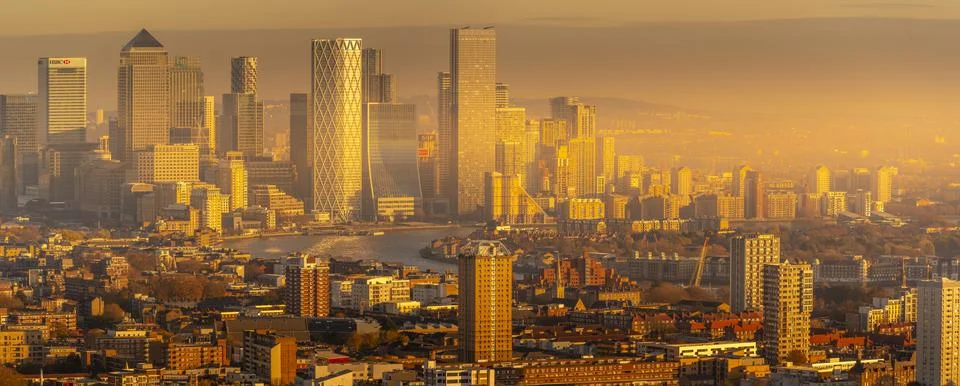 Panoramic view of Canary Wharf at golden hour from the Principal Tower, London, Stock Photos
