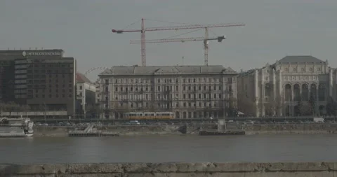 Panoramic view of the capital, focused on a yellow tram. Stock Footage 148435614