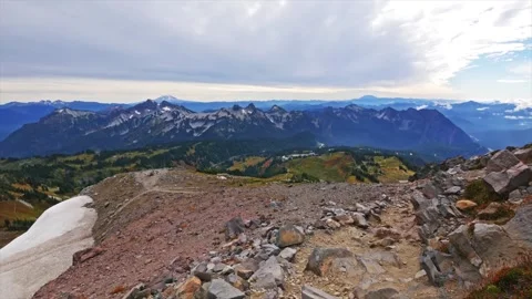Panoramic view of the Cascade Mountain Range and Tatoosh Range from Panorama Poi Stock Footage 332139939