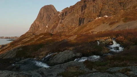 Panoramic view of cascading stream in the Lofoten Islands, Norway. Stock Footage 153623900