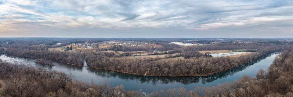 Panoramic view of the Catawba river with dramatic sky in late winter Stock Photos