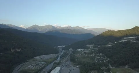 Panoramic view of Caucasus mountains ridge, Esto-Sadok and Krasnaya Polyana Stock Footage 259595743