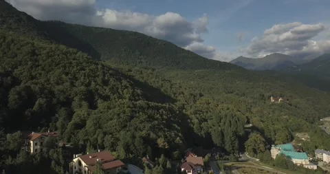 Panoramic view of Caucasus mountains ridge, Esto-Sadok and Krasnaya Polyana Stock Footage 259595832