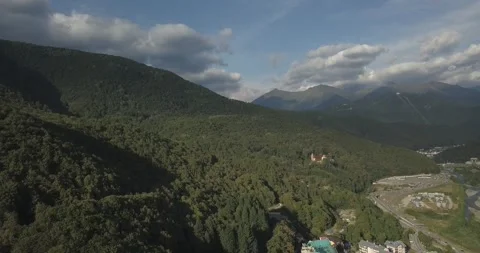 Panoramic view of Caucasus mountains ridge, Esto-Sadok and Krasnaya Polyana Stock Footage 259595841