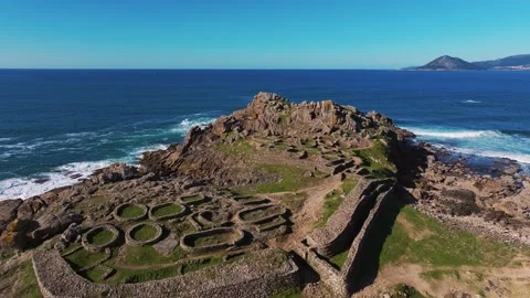 Panoramic View Of Celtic Ruins Of Castro de Baroña Lies Stock Footage 303698042