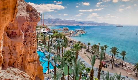 Panoramic view on central beach of Eilat Stock Photos