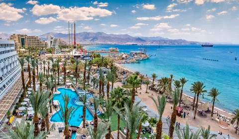 Panoramic view on central beach of Eilat, Israel Stock Photos